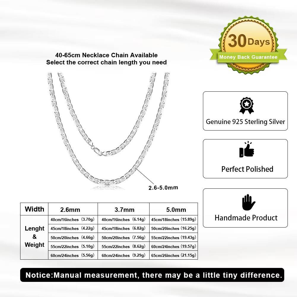 RINNTIN BSC78 Italian Solid 925 Sterling Silver 50mm Flat Mariner Chain Necklace for Women Men