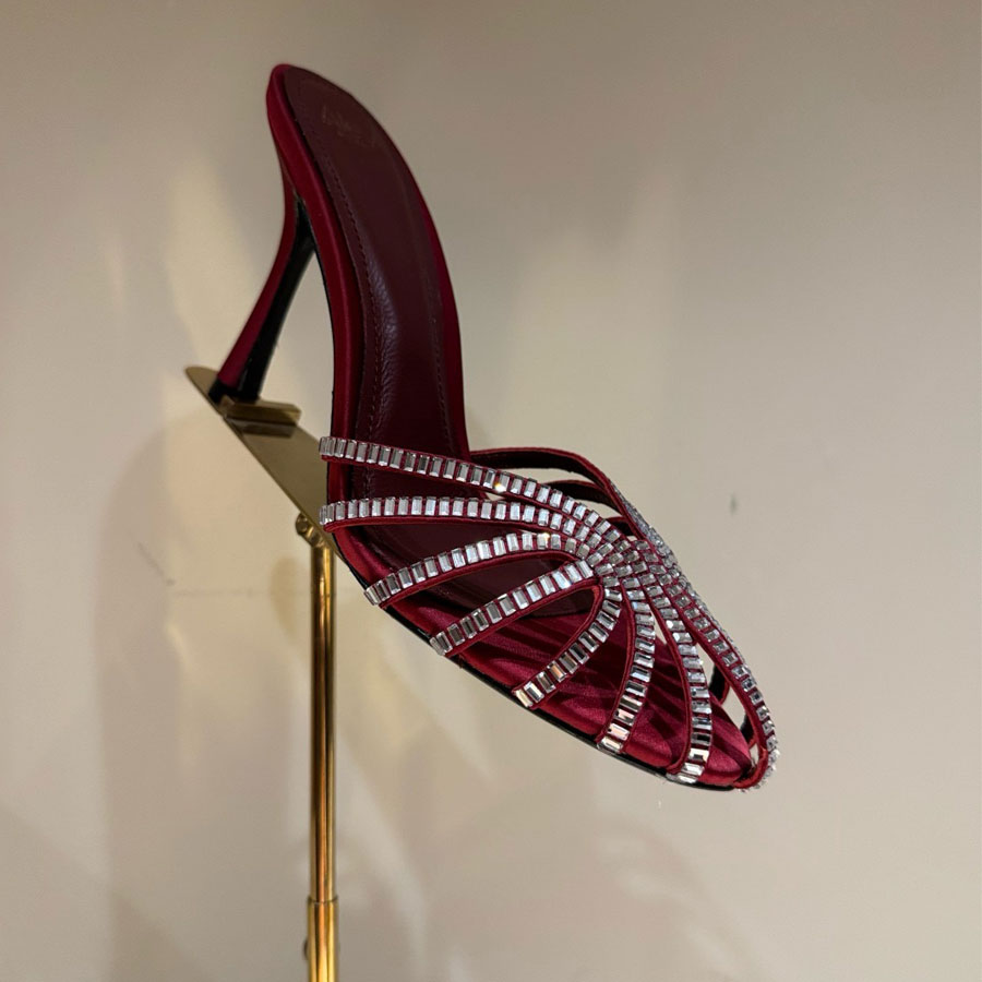 High quality Rhinestone mules high heels slippers slides High-heeled Sandals womens Luxury designer heels party Evening shoes Rose Burgundy