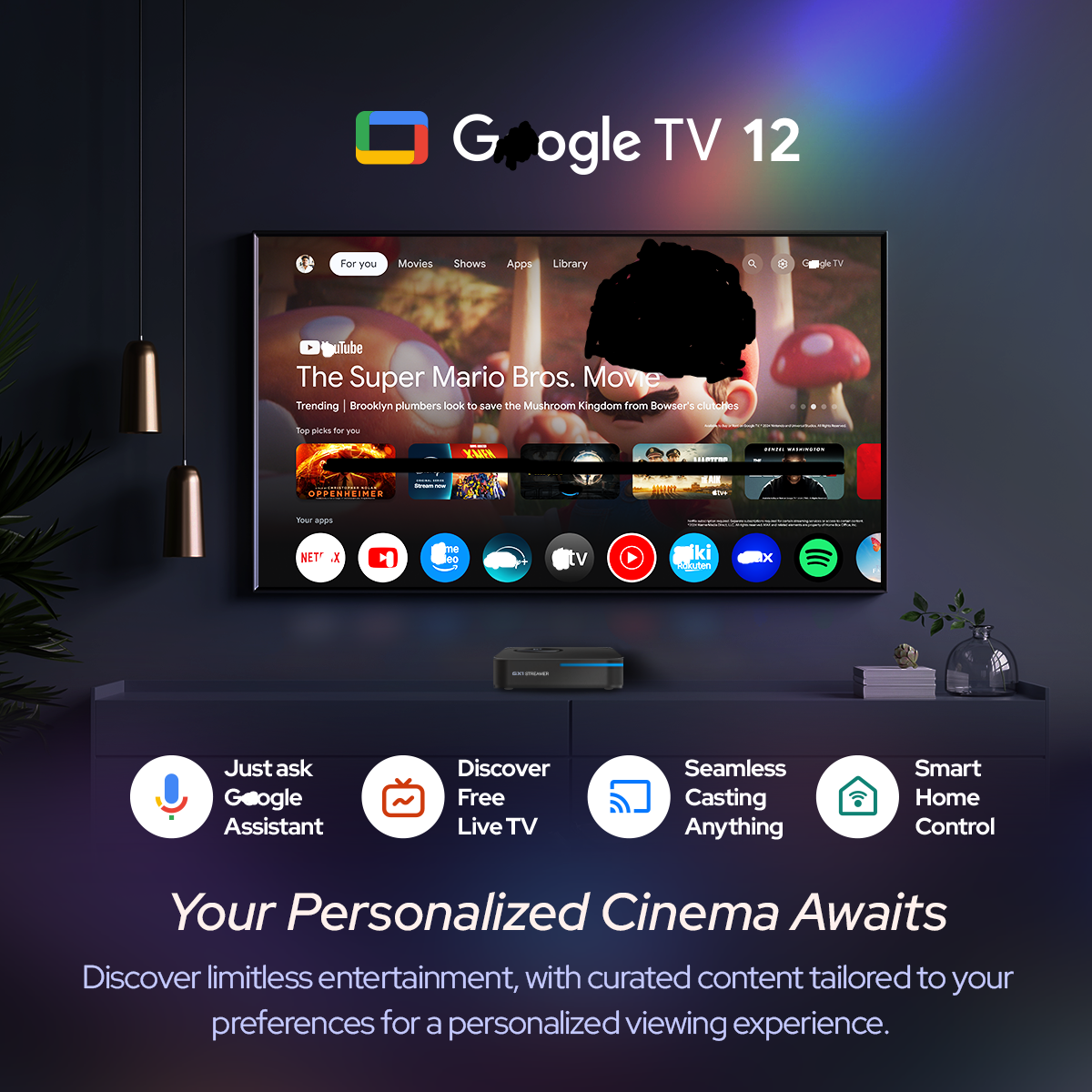 RockTek GX1 UHD Gogle GTV Certified TV Box 4GB RAM 32GB ROM Realtek1325 Quad Core 2T2R Dual Wifi6 BT5.2 100M LAN H.265