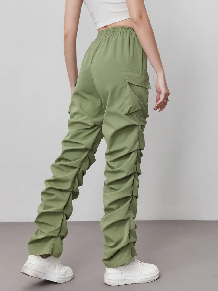 Womens Elastic High Waist Cargo Pants with Large Pockets Outdoor Casual Trousers 251017