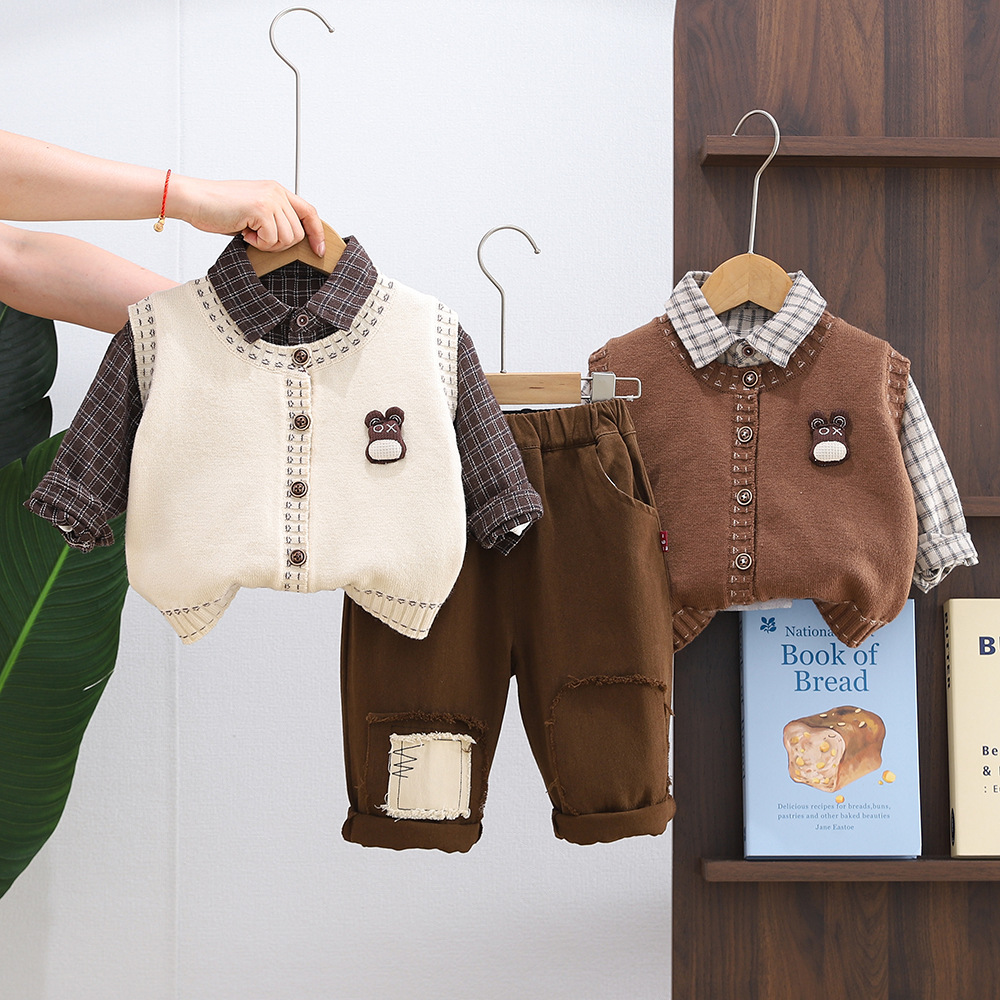 Boys' Spring and Autumn Set 2025 New Style Children's Western Style Baby Bear Head Cardigan Sweater 3-Piece Set Trendy free shipping designe