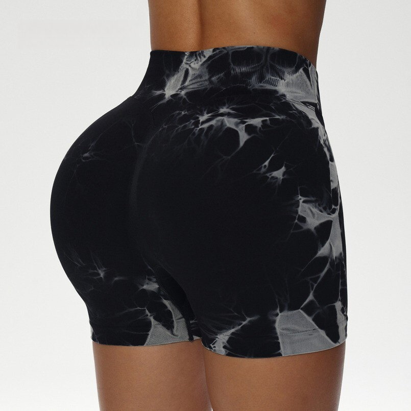 New Color Tie-Dye Ribbed Stretch Peach Hip Fitness Pants High Waist Seamless Yoga Shorts for Women