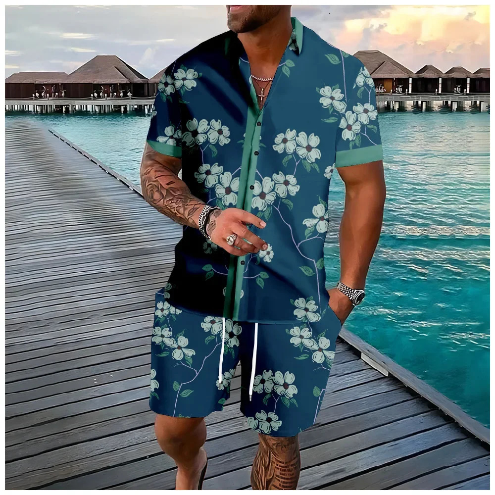 Hawaiian Shirt Flamingo Coconut Tree 3d Print Short Sleeve ShirtShorts 2Pcs Set Casual Beachwear Vacation Suits Men Clothing 251010