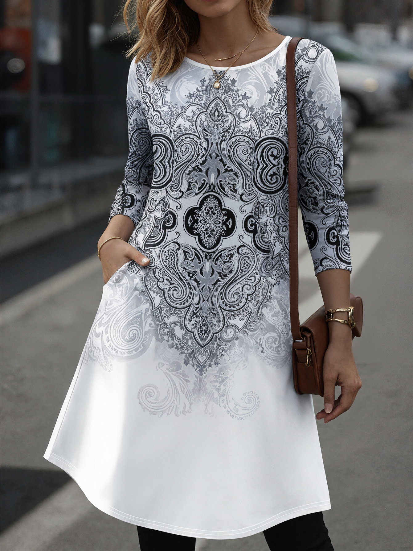 Women's Autumn Winter Botanical Print Midi Dress - Fashion Vacation Versatile Casual Dress-CF51238