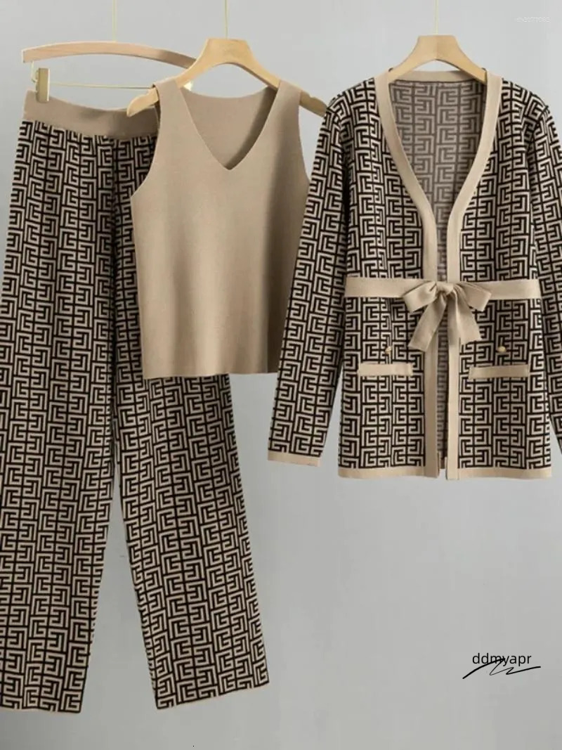 Women's 3-Piece ddmyApr Knitted Tracksuit Set: Warm Winter Outfit With Jacket, Sweater, Top, And Pants