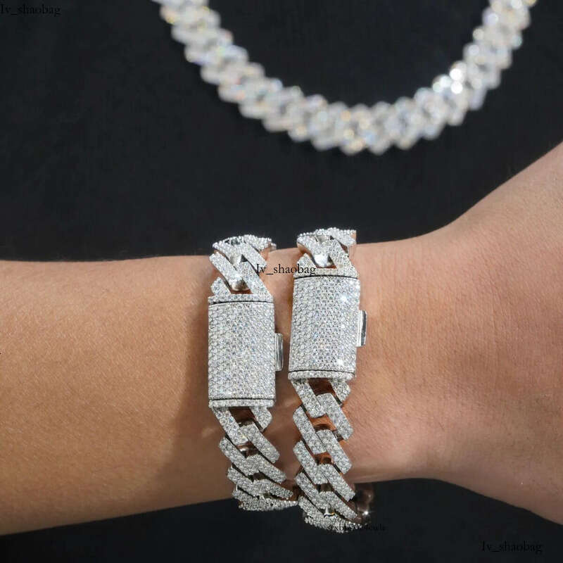14mm 18-24inch Fine Jewelry Ice Out Flashing Mossanite Dia Necklace Sterg Sier VVS Moissanite k Cuban Chain Bracelet sets