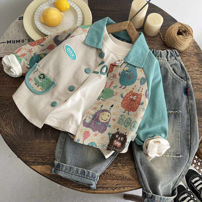 Boys' Set Spring and Autumn 2025 New Collection Children's Baby Autumn Clothing Boys' Cartoon Cute Jacket Three Piece Set free shipping