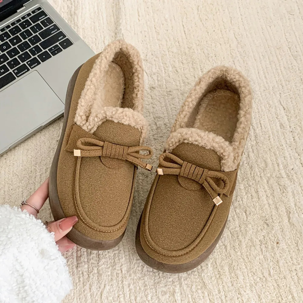 Women Winter Casual Shoes Moccasins Soft Flat Nonslip Loafers Fashion Comfort Warm Plush Bow Slip on Female Cotton Shoes 251013