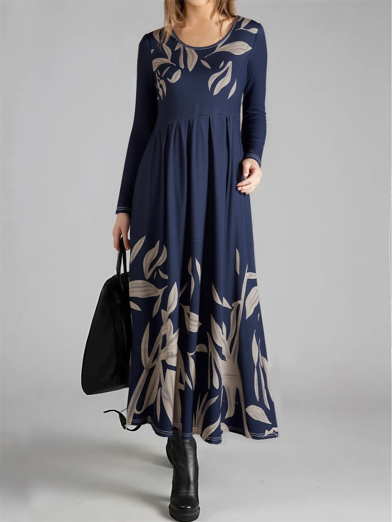 Women's Autumn Winter Botanical Floral Print Maxi Dress - Elegant Office Casual Long Sleeve Dress-CF56260