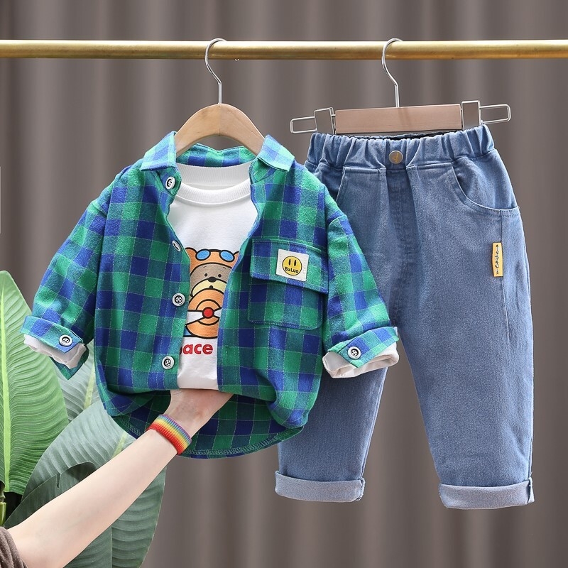 Children's outer set baby boys and girls spring and autumn clothing 1-4 years old foreign trade boys' checkered shirt denim three piece set