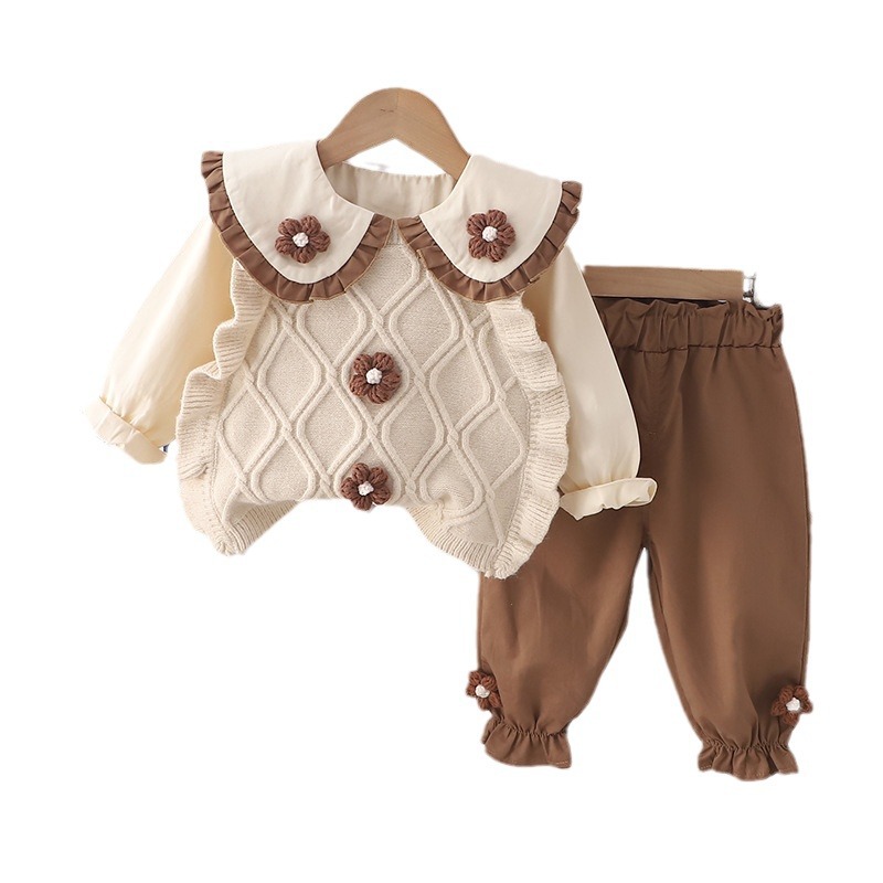 2025 Girls' Spring Clothing Academy Style Set Long Sleeve Double Flower Sweater 3-Piece Set Western Style for Children and Babies