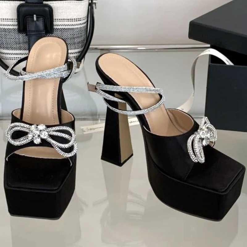 Luxury Rhinestone Bow Women Sandals Satin Square Toe Open Toe Super High Heel Sandal Summer Fashion Party Belt Buckle Dress Shoe Z251015