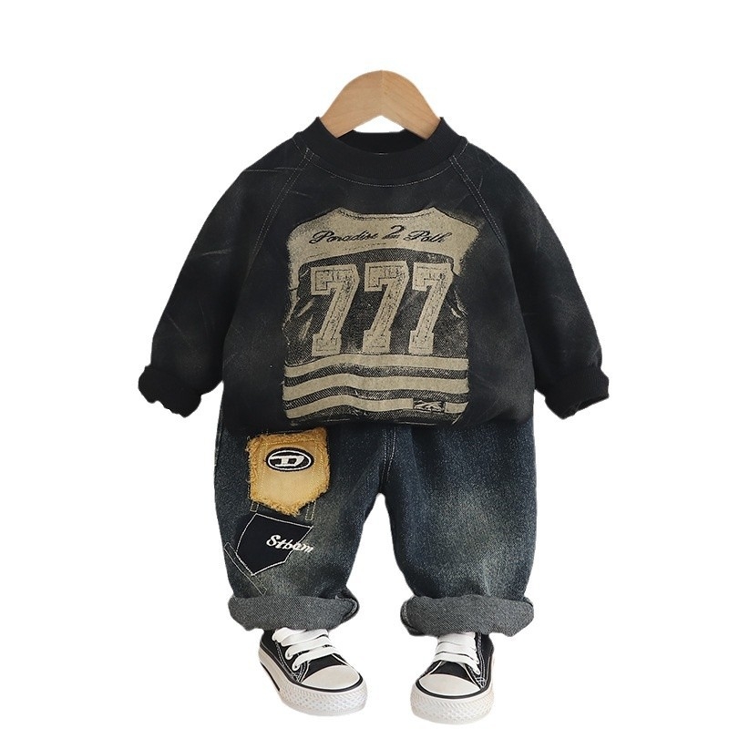 Boys' Set Spring and Autumn 2025 New Children's Digital Round Neck Hoodie, Two Piece Set for Children's Baby Clothes free shipping