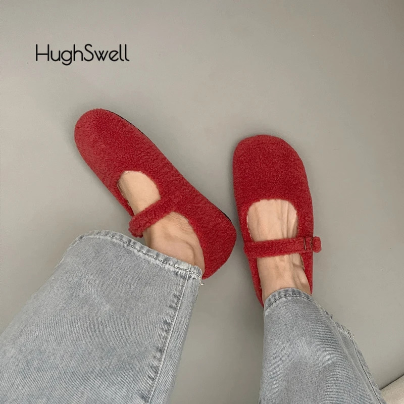 Fashion Round Toe Wool Ballet Flats Woman Concise Warm Plush Loafers Ladies Fluffy Mary Jane Shoes In Red Grey 251013