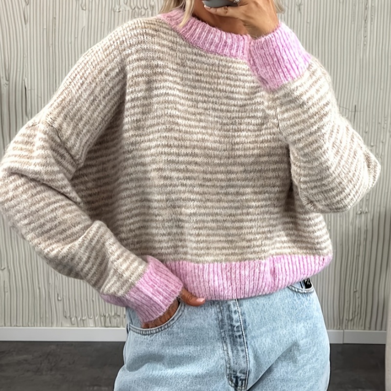 Women's Casual Retro Striped Color Block Sweater - Loose Long Sleeve Crew Neck Knit Top for Autumn Winter