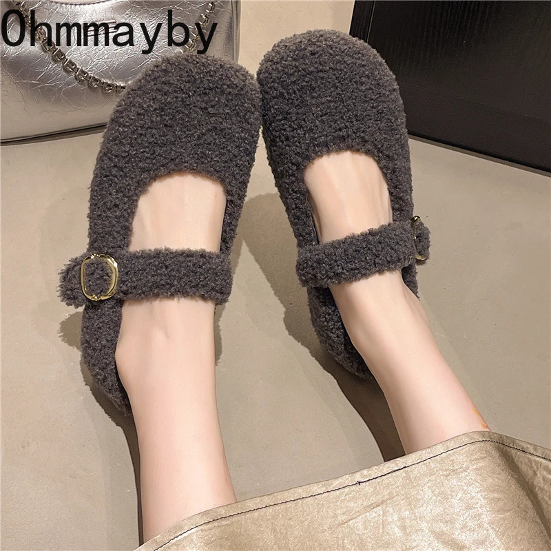 Winter Fur Women Mary Jane Shoes Concise Keep Warm Outdoor Shoes Ladies Comfort Cotton Flats Shoes 251013