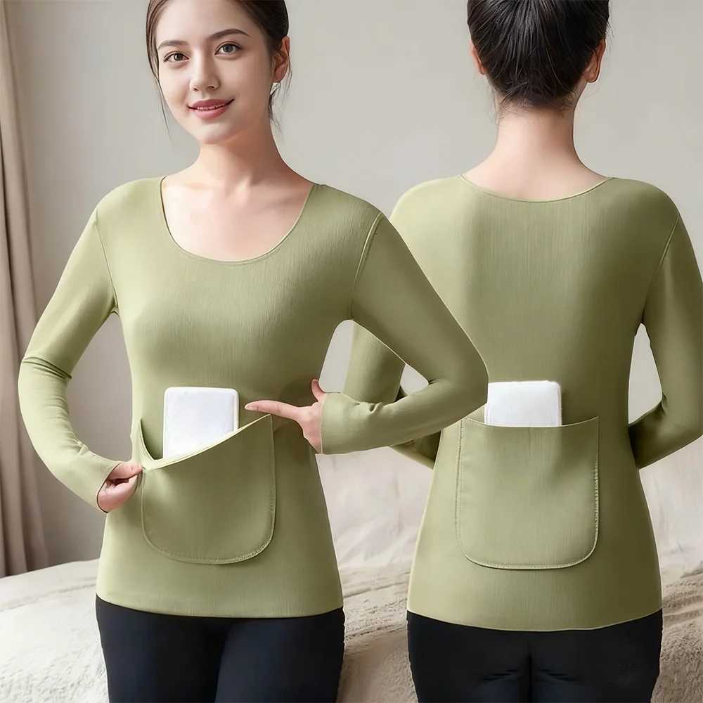 Thickened Long Sleeve Thermal Top Womens Base Layer Inner Wear Velvet Heating Warm Baby With Pocket Thermal Underwear T251018