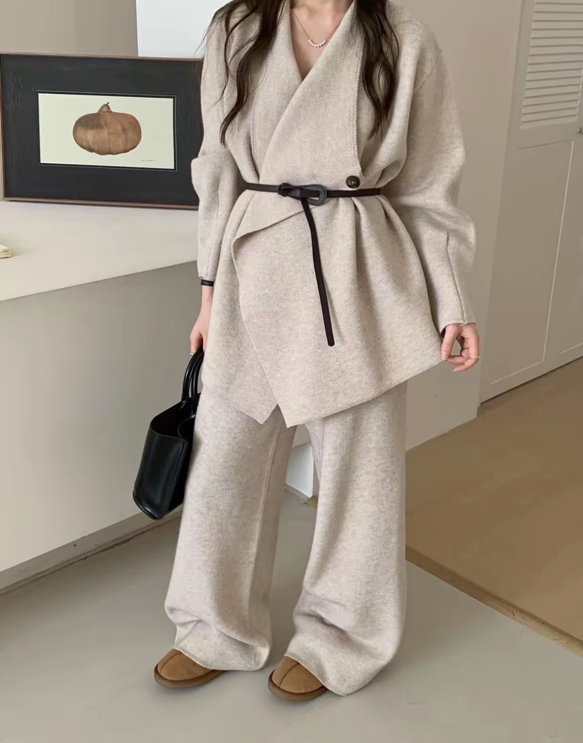 design 2025 Autumn/Winter New Top Lazy Women's High end Knitted Set Big Collar Sweater Jacket Luxury Wide Designer Jacket Long Pants Two piece Se