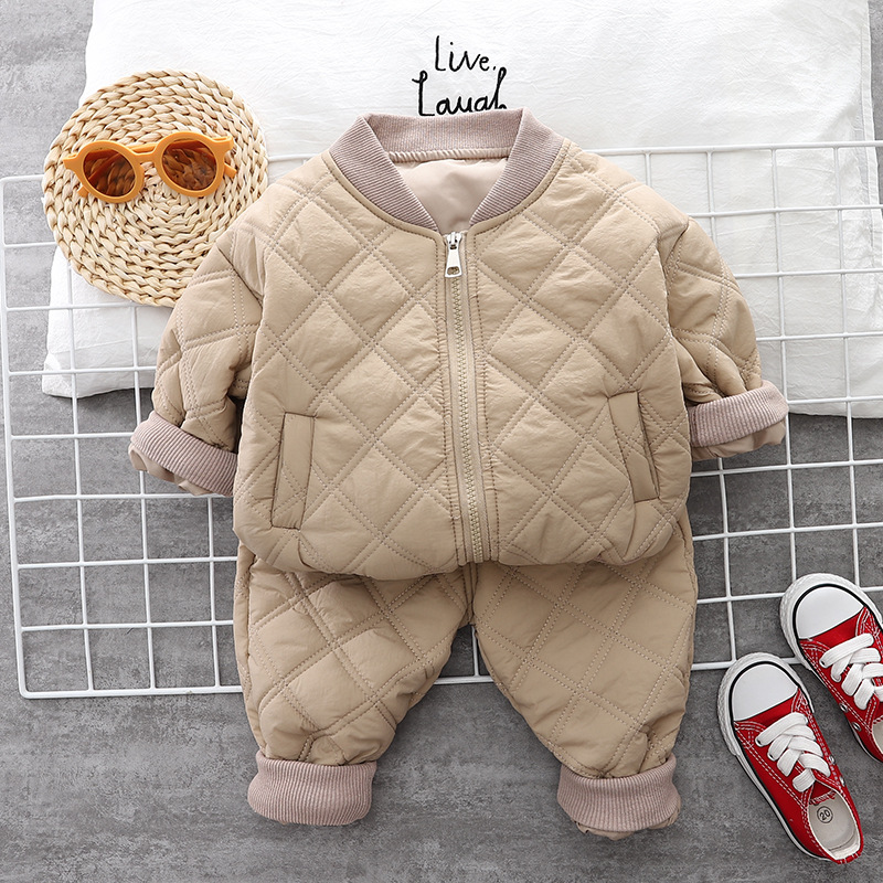 Boys' Plush Set Winter Thickened 2025 Winter Edition Children's Baby Checkered Zipper Cotton Jacket Two Piece Set Autumn Winter free shippin