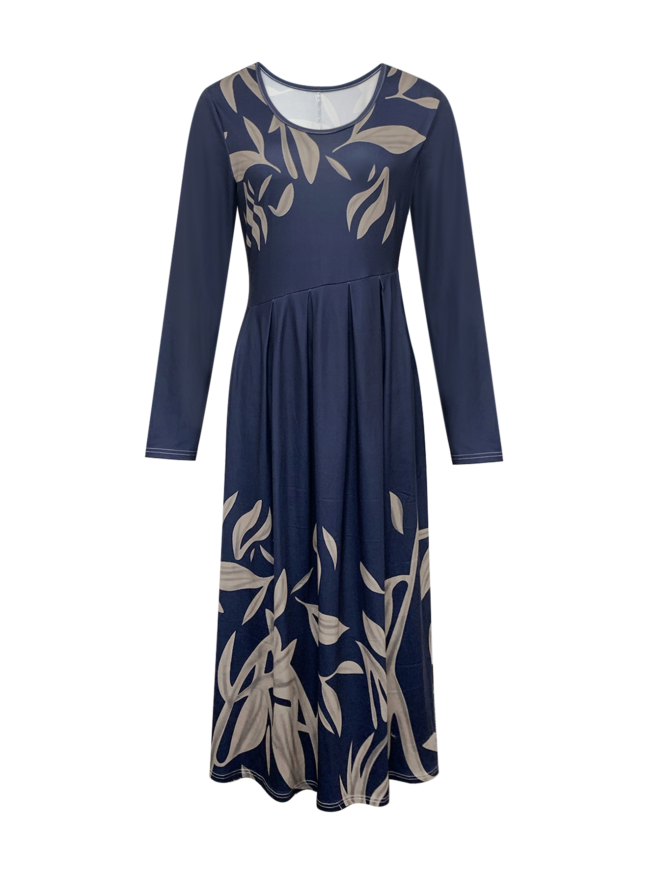 Women's Autumn Winter Botanical Floral Print Maxi Dress - Elegant Office Casual Long Sleeve Dress-CF56260