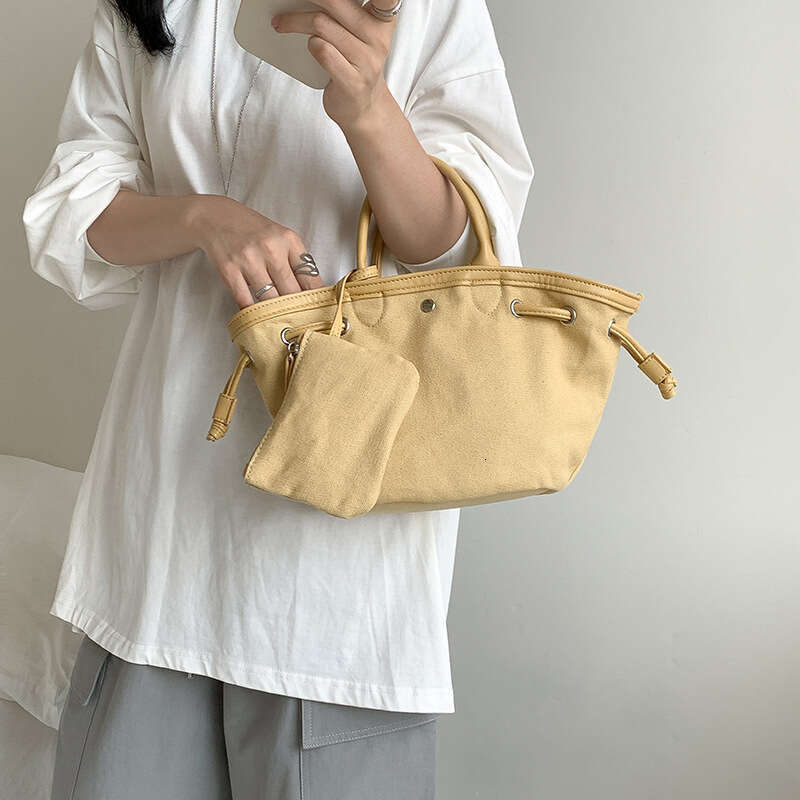 Spring New Canvas Drawstring Bucket Niche High-End Feel Women Solid Color Simple Versatile Handheld Small Tote Bag B5