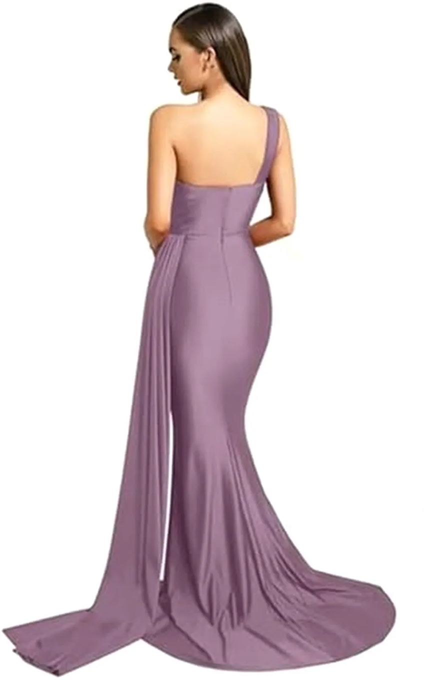 Emerald Green Satin Mermaid Bridesmaid Dresses Elegant One Shoulder Ruched Floor Length Maid Of Honor Gowns Formal Dresses BM17