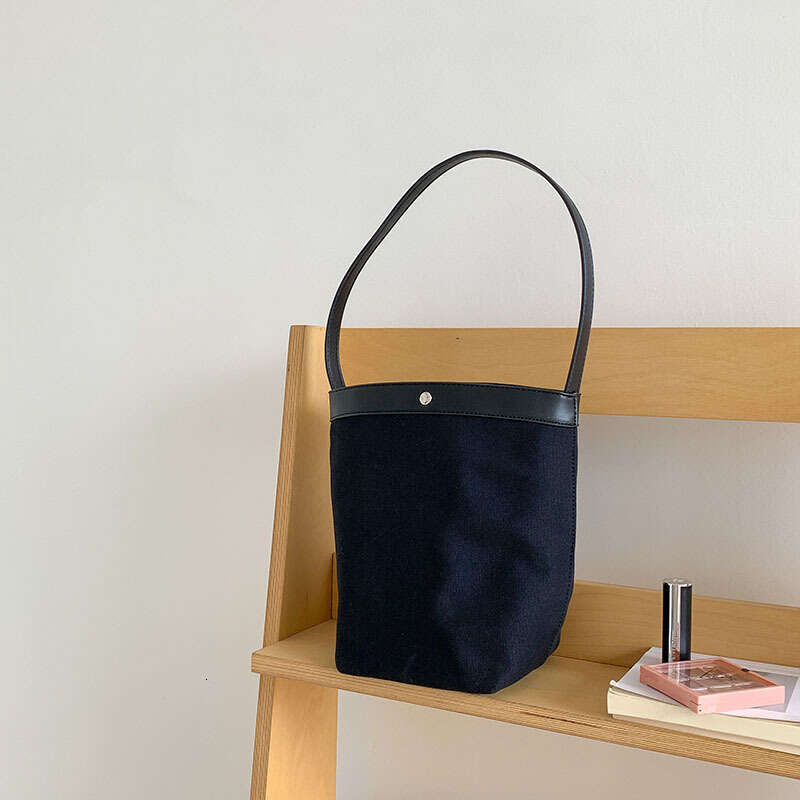 Korean Niche Summer Color-Block Bucket Large Capacity Canvas Commuter Light Luxury Style Shoulder Bag B5