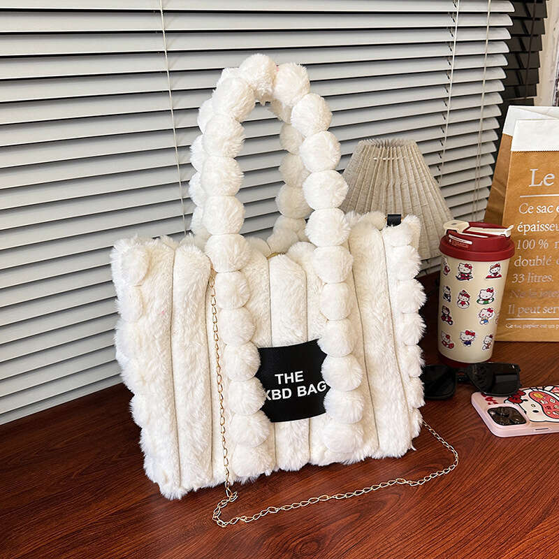 Winter New Tote Large Capacity Letter Embroidery Shoulder Handheld Crossbody Plush Trendy Bag