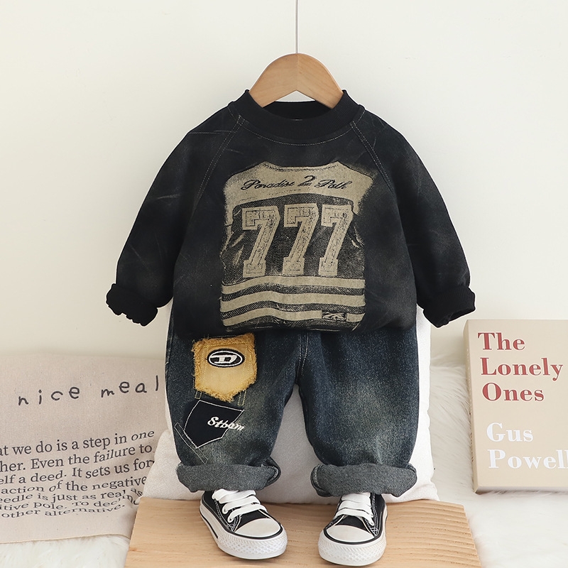 Boys' Set Spring and Autumn 2025 New Children's Digital Round Neck Hoodie, Two Piece Set for Children's Baby Clothes free shipping