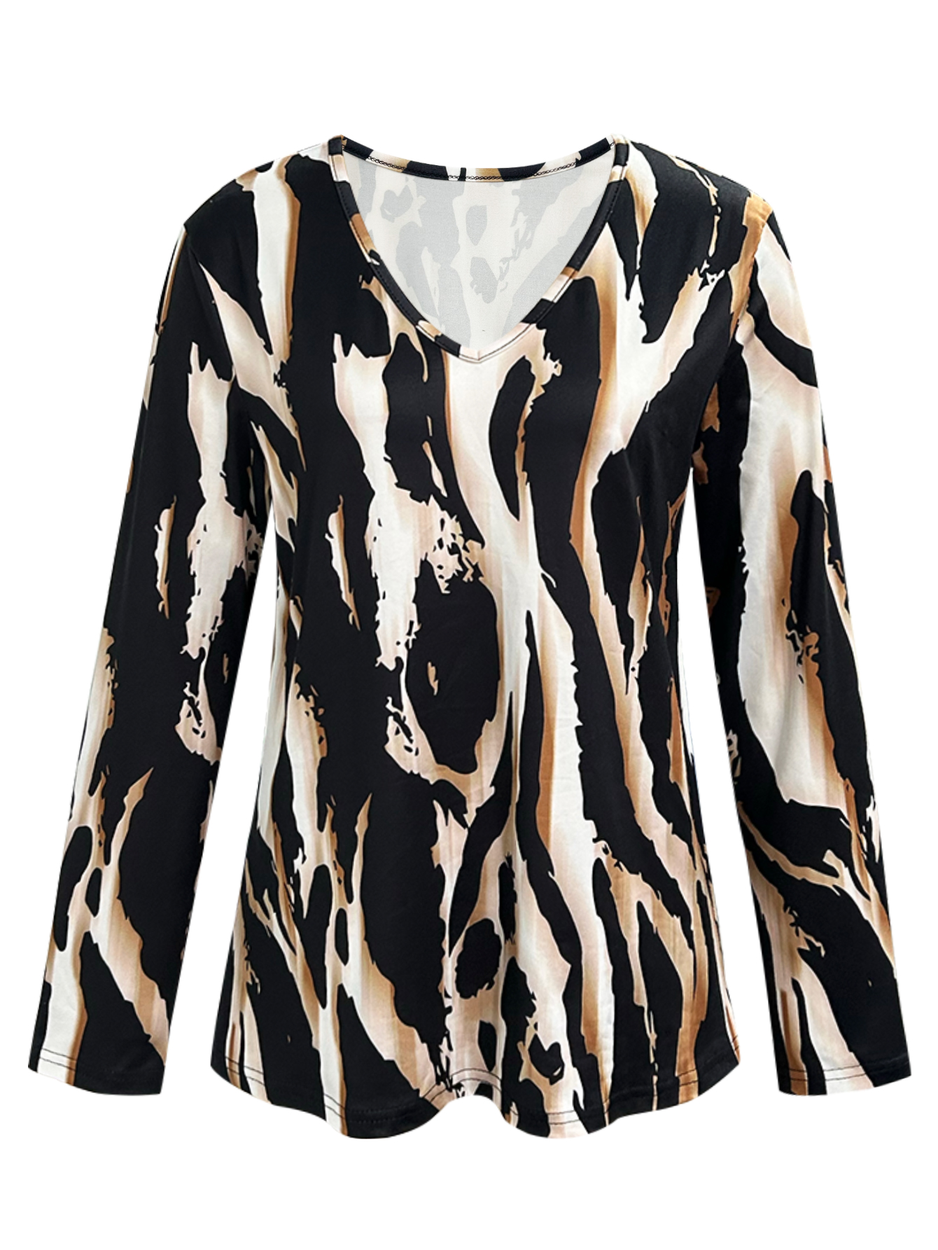 Women's Autumn Winter Animal Print Long Sleeve V-Neck Top - French Elegant Casual T-Shirt-CF50782