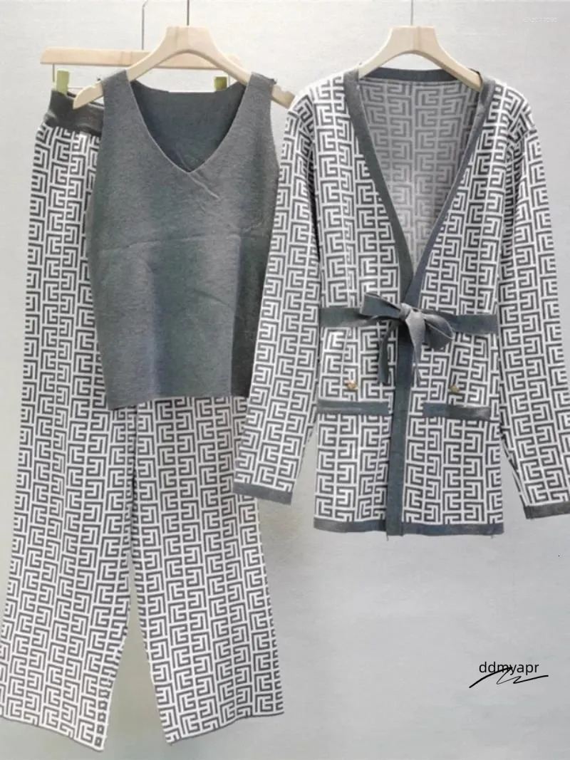 Women's 3-Piece ddmyApr Knitted Tracksuit Set: Warm Winter Outfit With Jacket, Sweater, Top, And Pants