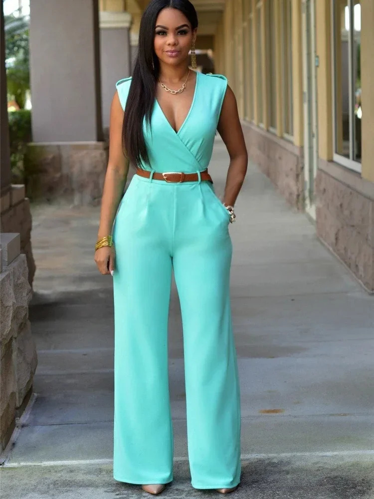 Business Formal Jumpsuit Work Wear Women Romper Elegant Long Deep V Neck Sleeveless High Waist Wrap Jumpsuits Fashion Streetwear 251016