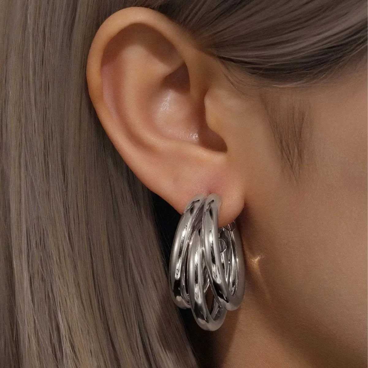 Simple Stainless Steel Cshaped Threelayers Earrings for Women Girls Metal Circle Round Drop Punk Earrings Jewelry Party Gifts Y251018