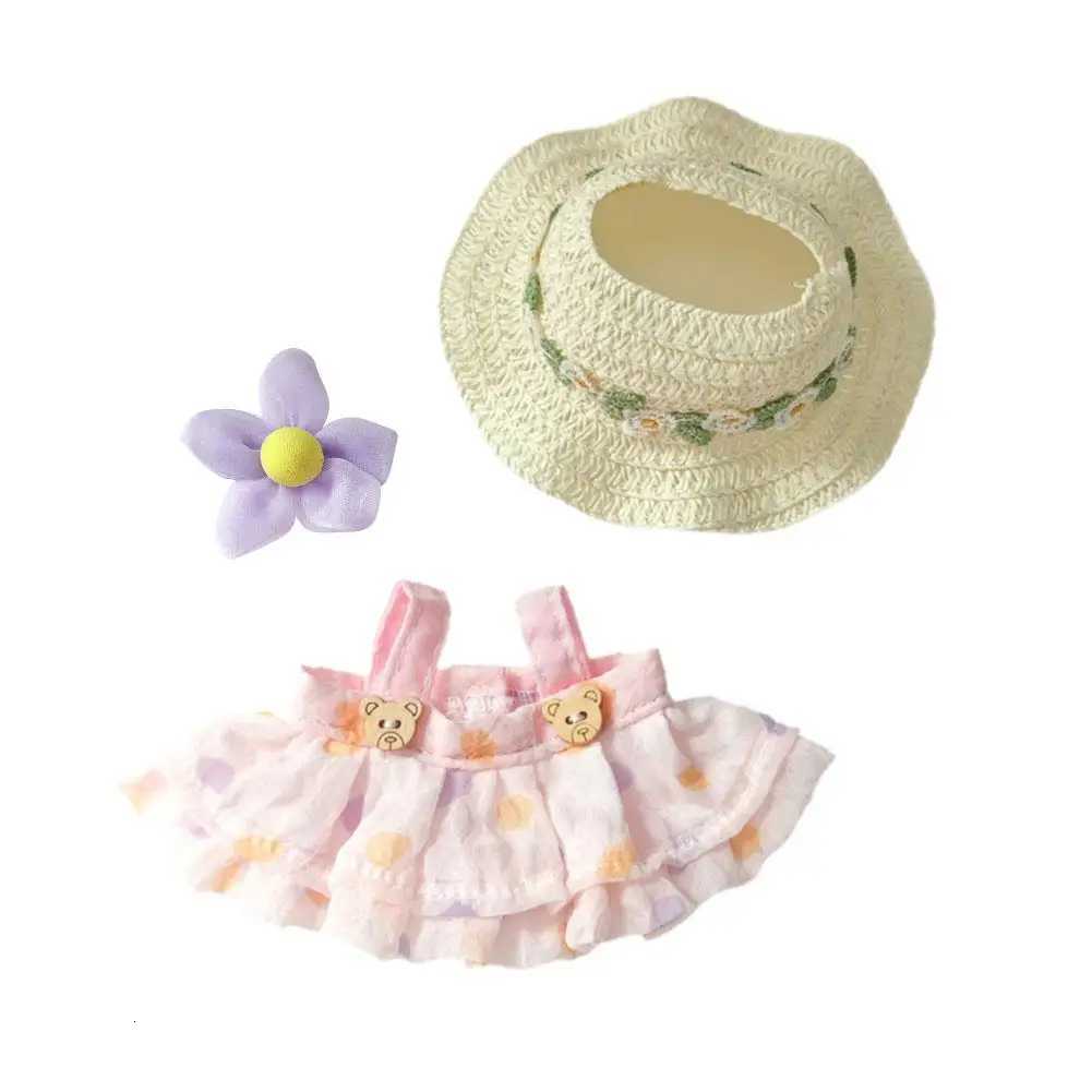 17cm Dolls Clothes For Labubu Summer Straw Hat Flowers Halter Dress Suit Cute Sweet Plush Toy Clothing Accessories For GiftT251018
