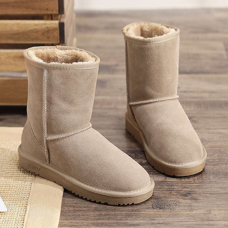 Full Size Snow Boots for Women, Mid-Calf, Cowhide, vomero Warm, Non-Slip, Fleece-Lined, Thickened, Loafers, Cotton Shoes, VersatileLoafers
