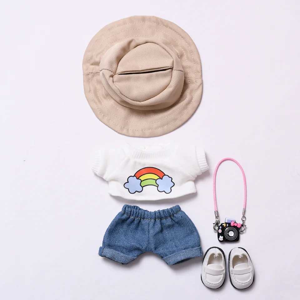 Plush Doll Clothes 17cm For Labubu Clothing Designer Rainbow White T Jeans Doll Clothes Set With Hat Glasses Toy AccessoriesT251018