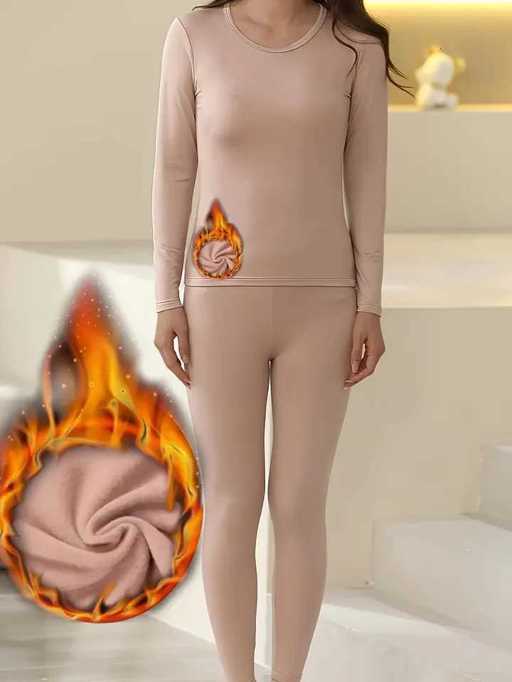 Womens Warm Lingerie Set Long Sleeve Top Leggings Soft FleeceLike Fabric Round Neck No Padding Medium Support Solid C T251018