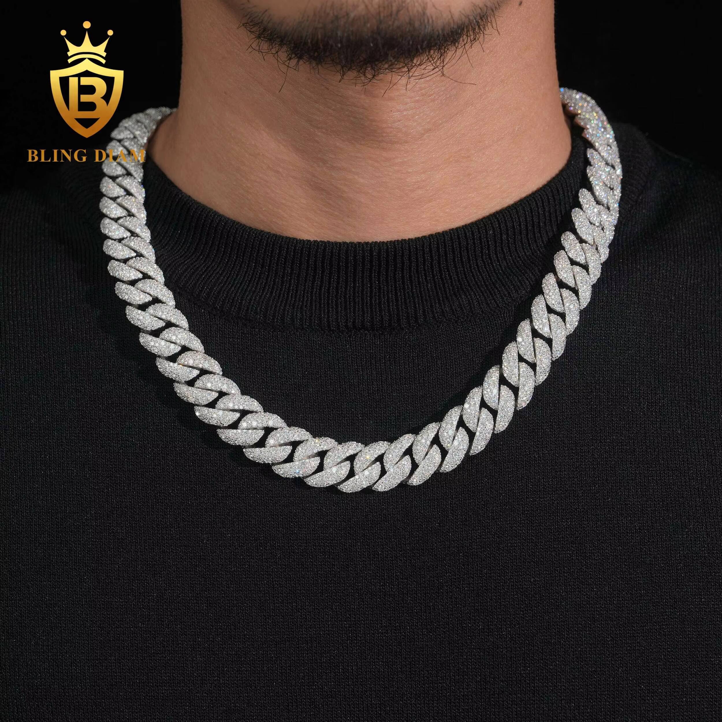 Hot Sale Fashion 15mm Cuban Chain 925 Silver Mosainite Iced Out Jewelry VVS Moissanite HipHop Style Pass Diamond Tester with GRA