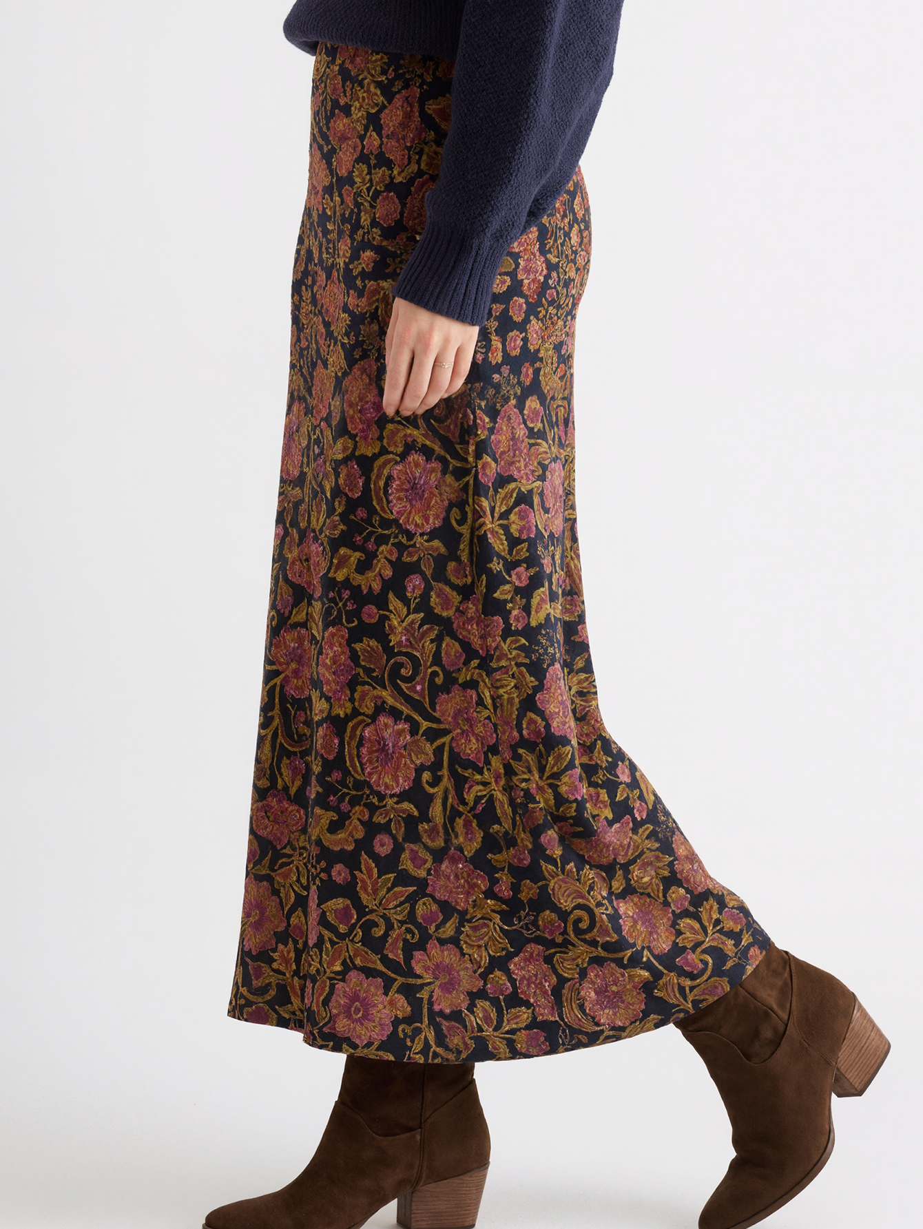 Women's Plus Size Autumn Winter Retro Floral Print Midi Skirt - Casual Fashion Versatile Skirt-YL24076