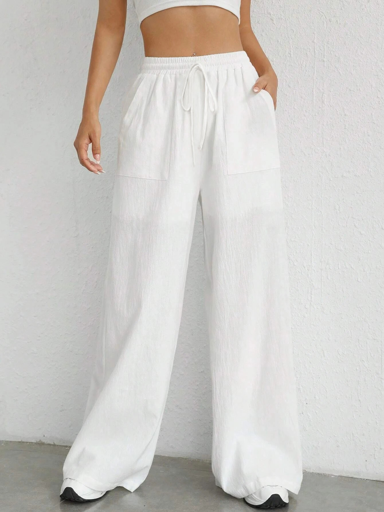 Womens Solid Color Wide Leg Pants Casual Comfy Trousers for Daily Wear Ladies Bottom 251017