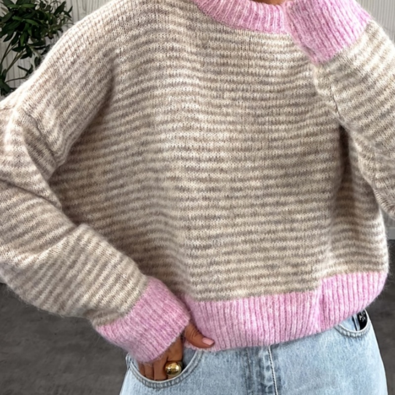 Women's Casual Retro Striped Color Block Sweater - Loose Long Sleeve Crew Neck Knit Top for Autumn Winter