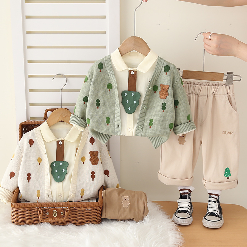 Boys' Spring and Autumn Set, Elegant 2025 New Style, Children's Leisure Autumn Set, Baby Full Body Small Tree Cardigan Three Piece Set free 