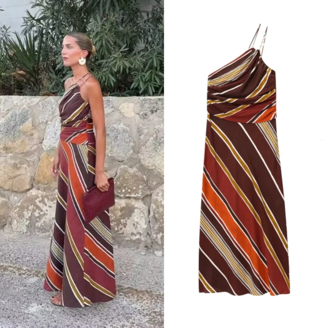 Tidalyf Women Sexy Asymmetrical Striped Long Dress Camisole Sleeveless Elegant Chic for Summer Autumn Party 251017