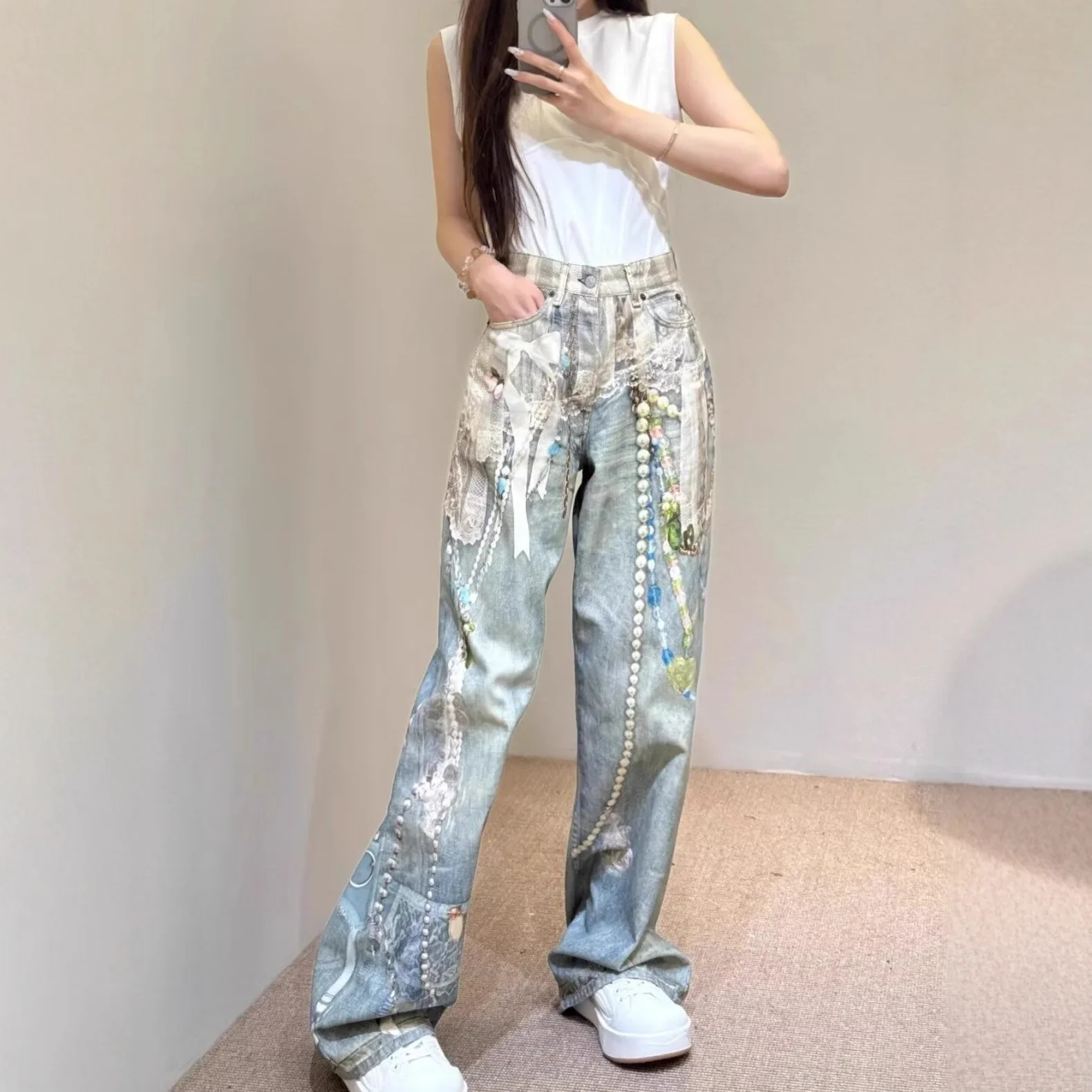 3D Printed Lace Pearl Chain Printed Vintage Denim Jeans High Waist Straight Leg for Men And Women Trendy High Street St 251017