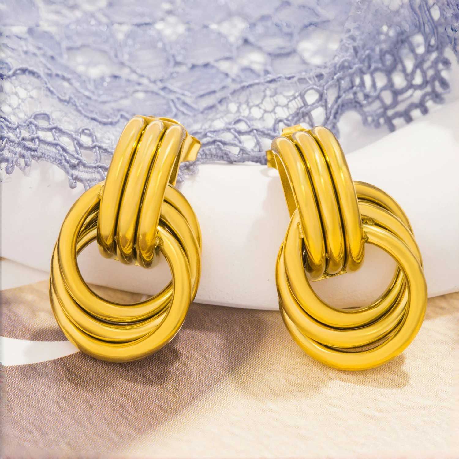 Statement Stainless Steel Twisted Drop Dangle Earrings for Women Gold Color Geometric Round Long Knot Earring Trendy Jewelry Y251018