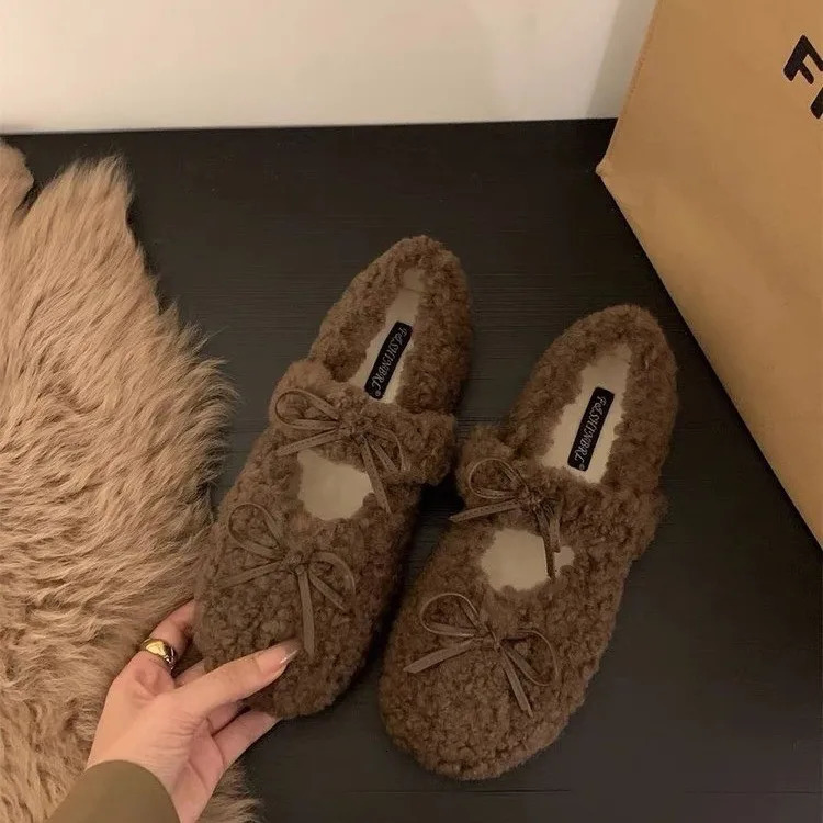 Warm Mary Jane Shoes for Women Hook Loop Flat Low Heels Round Toe Shoes Women Solid Fur Plush Butterfly Knot Casual Shoes 251013