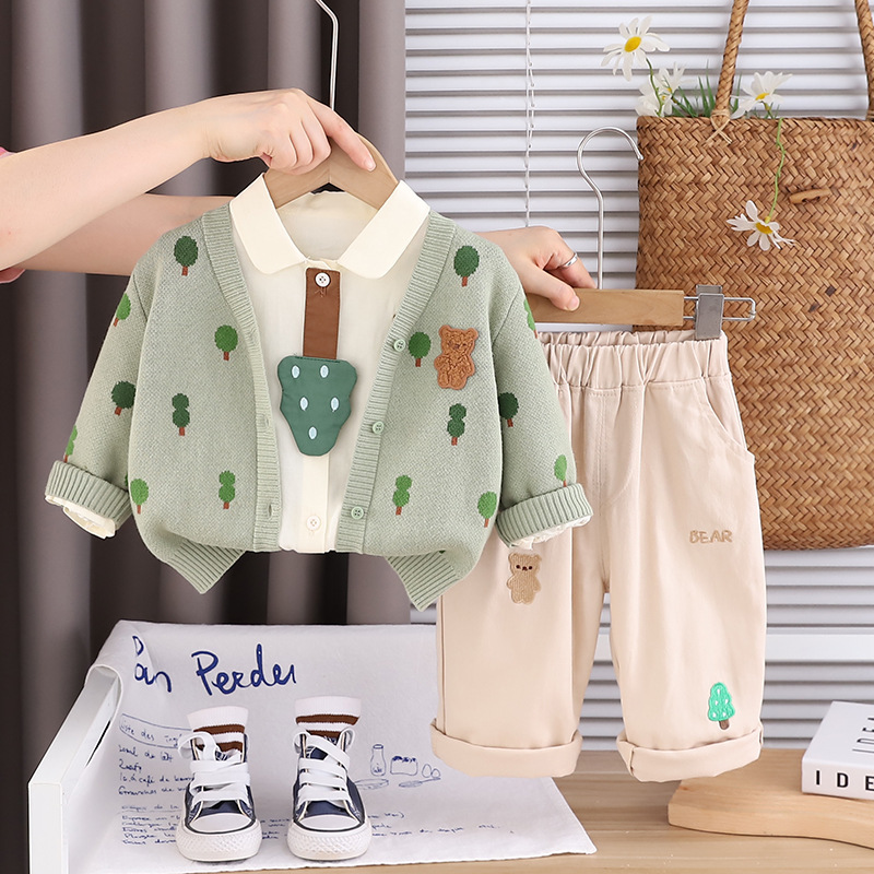 Boys' Spring and Autumn Set, Elegant 2025 New Style, Children's Leisure Autumn Set, Baby Full Body Small Tree Cardigan Three Piece Set free 
