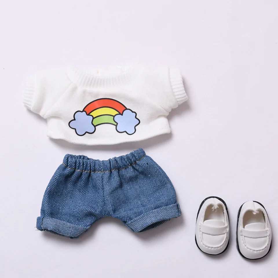 Plush Doll Clothes 17cm For Labubu Clothing Designer Rainbow White T Jeans Doll Clothes Set With Hat Glasses Toy AccessoriesT251018