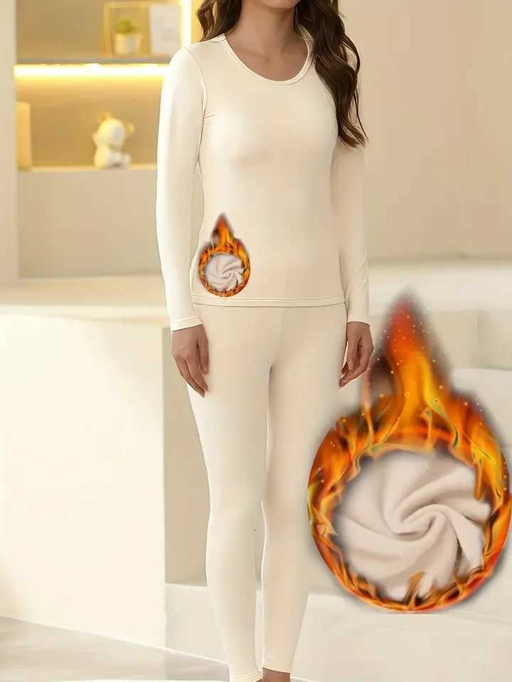 Womens Warm Lingerie Set Long Sleeve Top Leggings Soft FleeceLike Fabric Round Neck No Padding Medium Support Solid C T251018