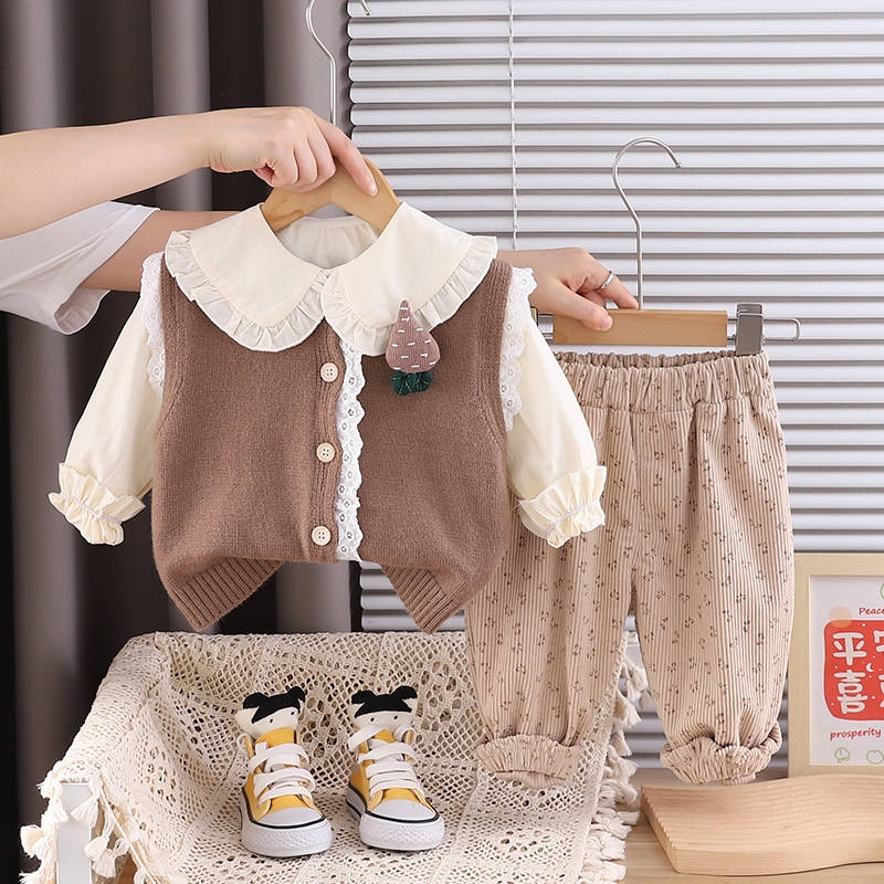 Girls' Autumn Set 2025 New Fashionable Baby Lace Sweater Vest Children's Casual Spring and Autumn Three Piece Set free shipping designer